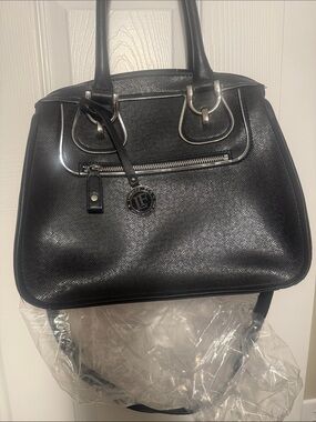 Black Textured Satchel Bag with Silver Hardware